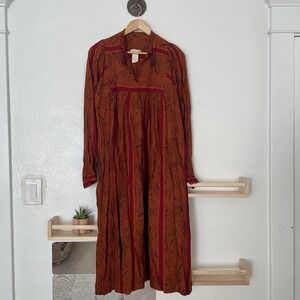 Vintage 70s California Girl Rayon Paisley Dress Size 10 Boho Prairie Rust Red